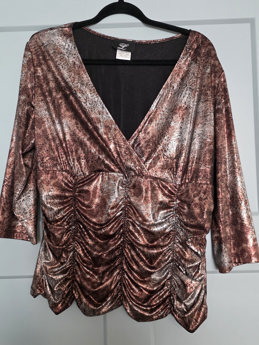 Vintage Y2K Metallic Rose Gold Ruched Wrap Top V-Neck Montreal Glam Blouse XXL